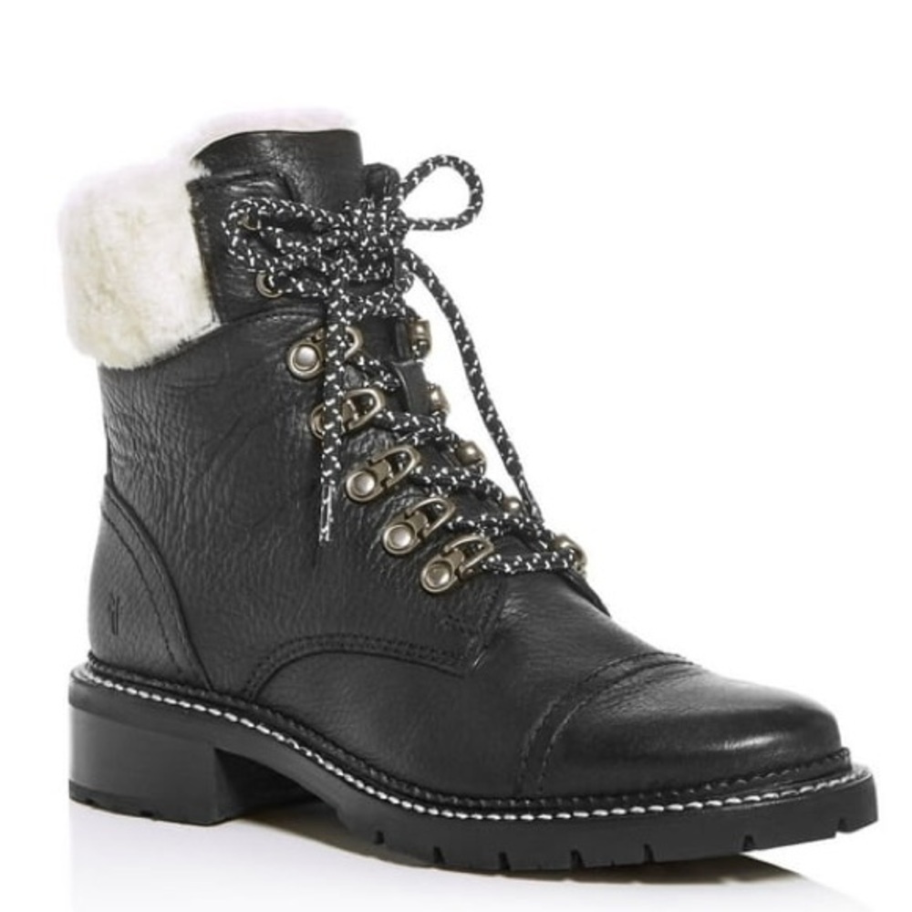 Frye Samantha Black Pebbled Genuine Leather Furlined Ankle Hiking Boots Size 8